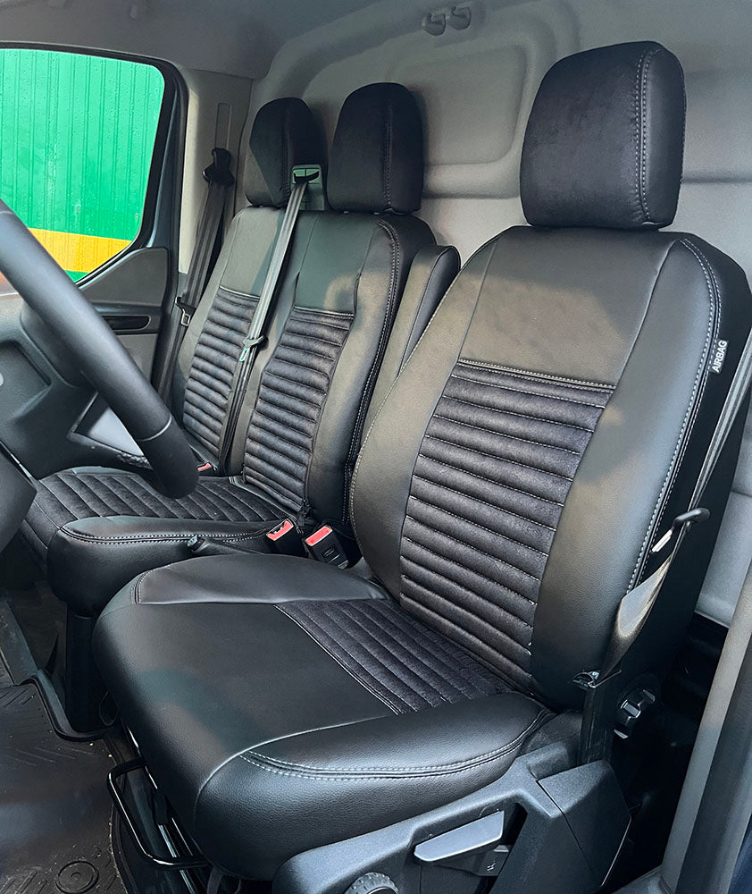 Pasvorm Stoelhoezen Ford Transit Custom (dubbel cabine) bestelwagen (2015-2023) - stof, kunstleer of stof / kunstleer