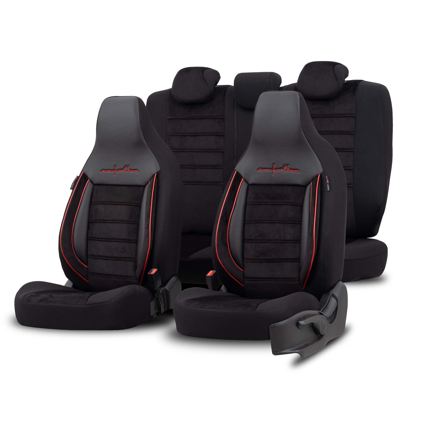 Stoelhoezen Comfortline City - luxe kunstleer met suede - kleur zwart/rood (complete set, past in auto's met vaste of geintegreerde hoofdsteun)