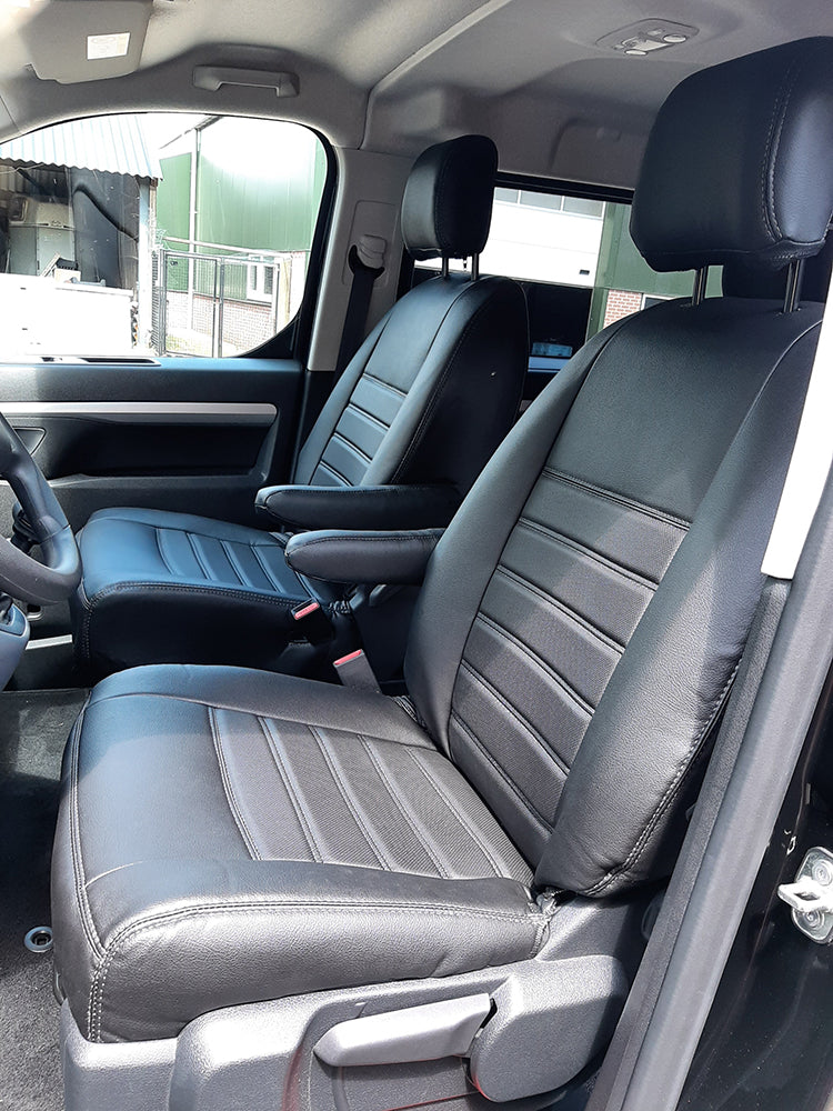 Pasvorm stoelhoezenset (stoel en stoel) Citroen Jumpy / Peugeot Expert / Toyota Proace 2016-heden / Opel Vivaro (C) 2019-heden / Fiat Scudo 2022-heden - Kunst leer zwart