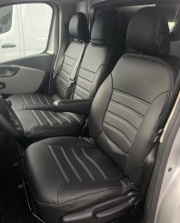 Pasvorm autostoelhoezen (3 sits) Renault Trafic / Fiat Talento / Nissan NV300/Primastar 2014-heden / Opel Vivaro (B) 2014-2019 (bijrijdersbank met split in de zitting en rugleuning) - Kunst leer zwart