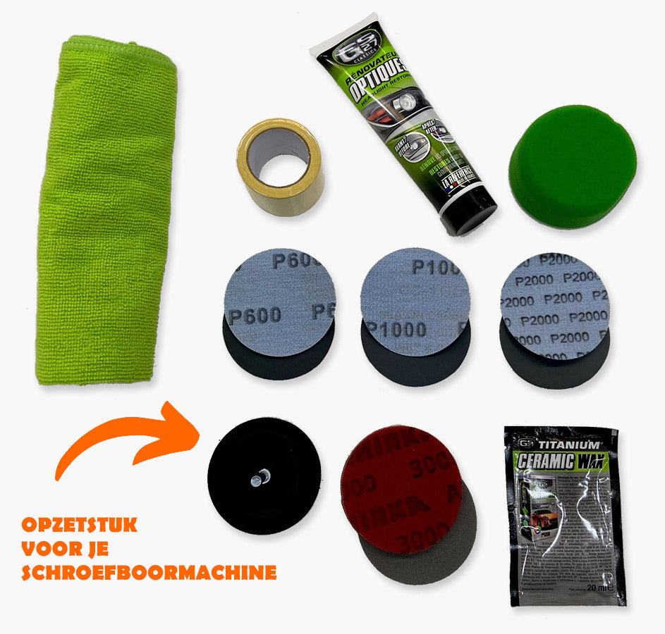 Koplamp restauratie kit GS27 - machinaal gebruik (inclusief opzetstuk schroef/boormachine) doe-het-zelf