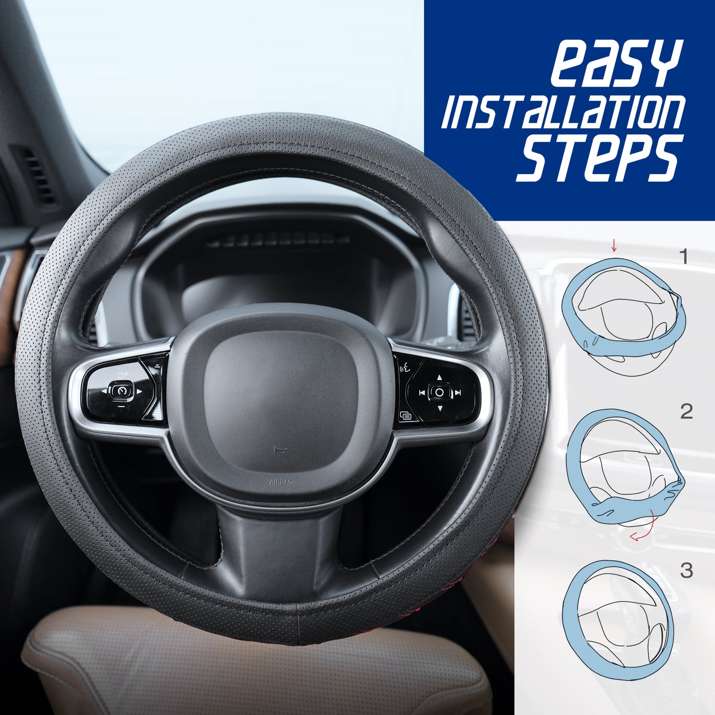 Stuurhoes van zwart kunstleer met rood stiksel