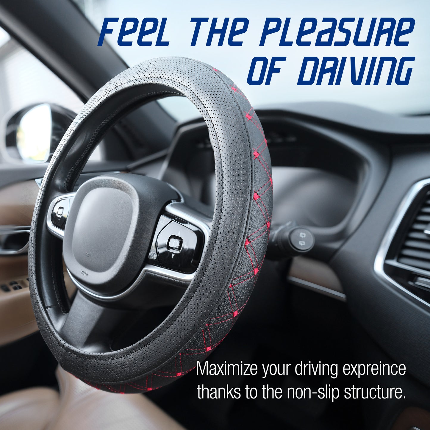 Stuurhoes van zwart kunstleer met rood stiksel