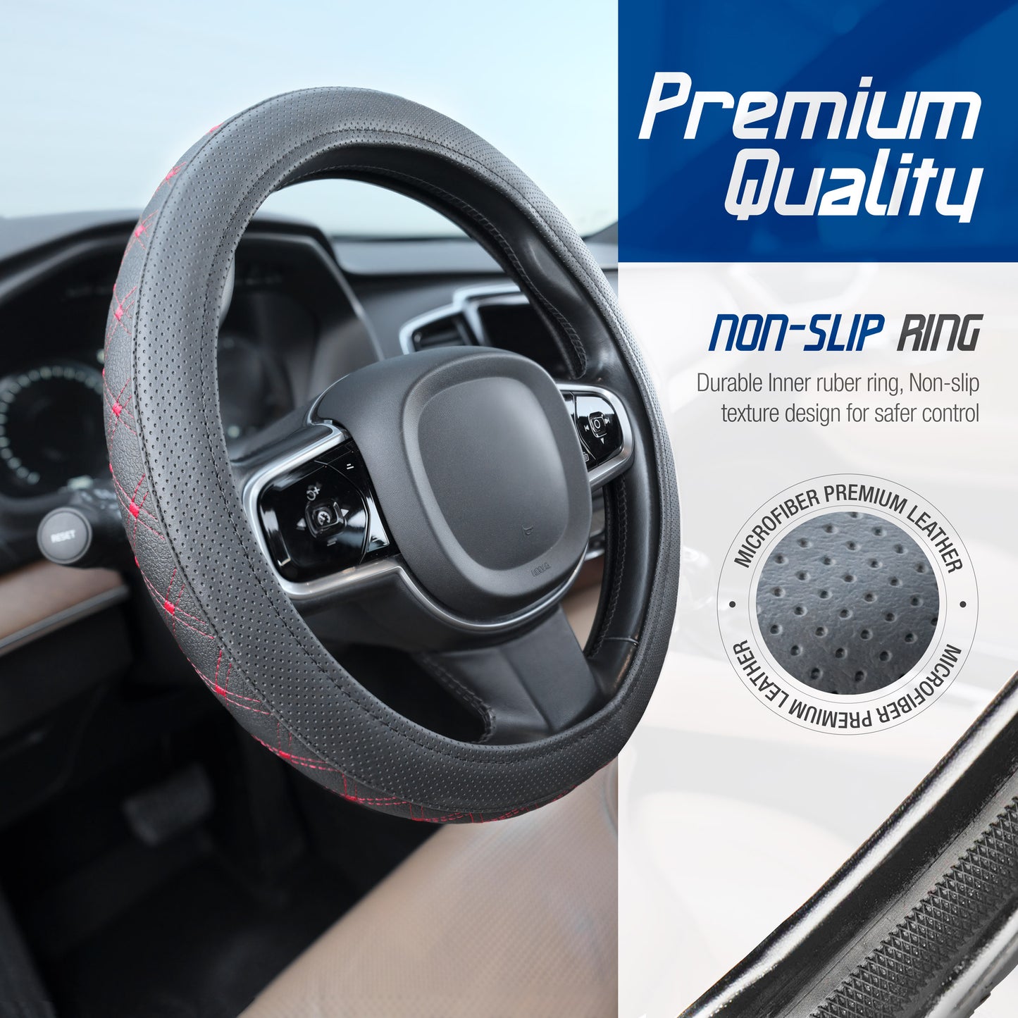 Stuurhoes van zwart kunstleer met rood stiksel