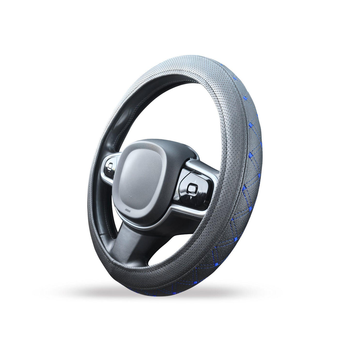 Stuurhoes van zwart kunstleer met blauw stiksel