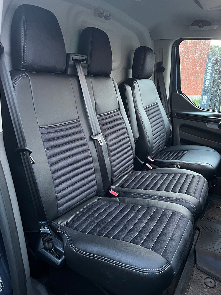 Pasvorm Stoelhoezen Ford Transit Custom (dubbel cabine) bestelwagen (2015-2023) - stof, kunstleer of stof / kunstleer