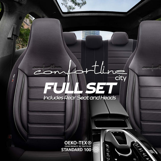 Stoelhoezen Comfortline City  - luxe kunstleer - kleur zwart (complete set, past in auto's met vaste of geintegreerde hoofdsteun)