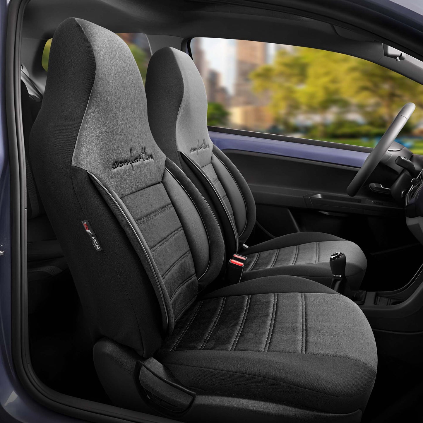 Stoelhoezen Comfortline City  - luxe kunstleer met suede - kleur zwart (complete set, past in auto's met vaste of geintegreerde hoofdsteun)
