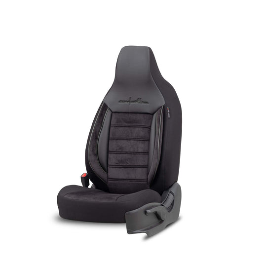 Stoelhoezen Comfortline City  - luxe kunstleer met suede - kleur zwart (complete set, past in auto's met vaste of geintegreerde hoofdsteun)
