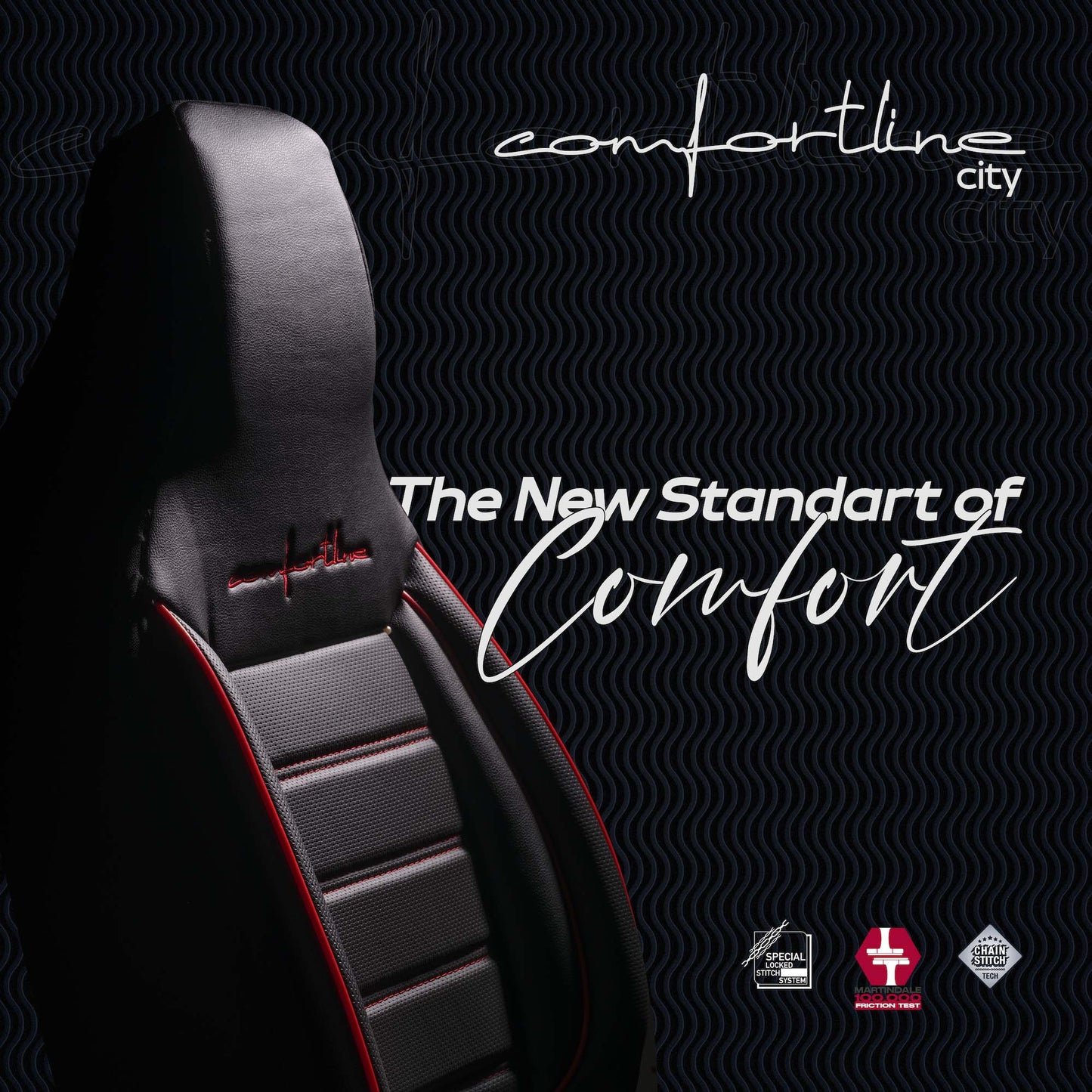 Stoelhoezen Comfortline City  - luxe kunstleer met suede - kleur zwart/rood (complete set, past in auto's met vaste of geintegreerde hoofdsteun)