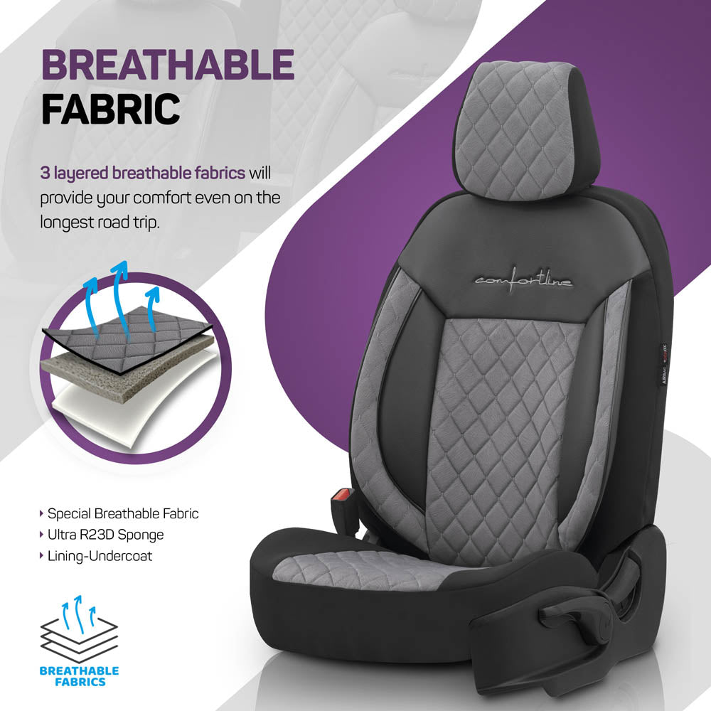 Luxe Autostoelhoezenset Comfort VIP - kunstleder met suede stof - kleur zwart-grijs (complete set)