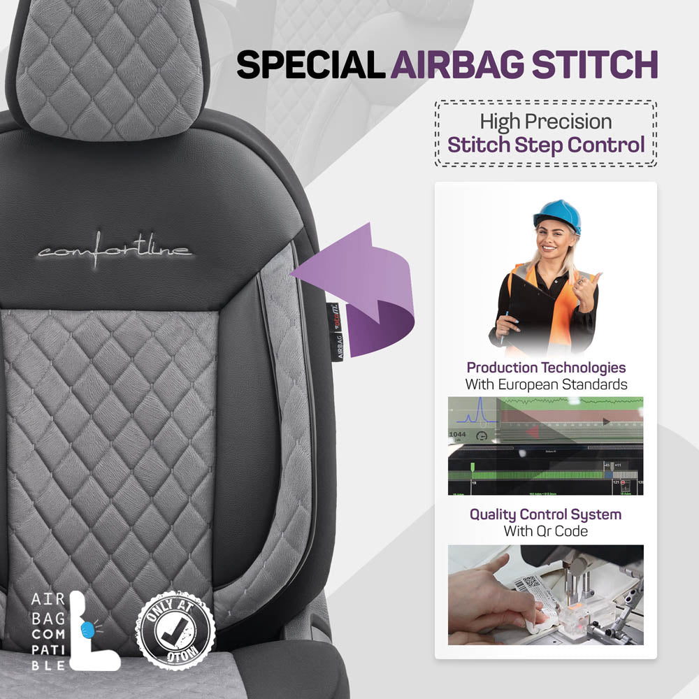 Luxe Autostoelhoezenset Comfort VIP - kunstleder met suede stof - kleur zwart-grijs (complete set)