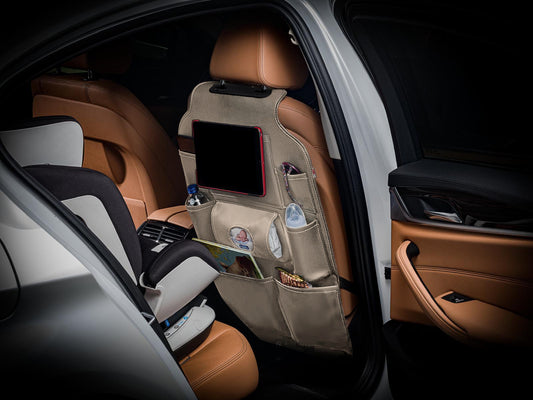 Luxe organizer voor de stoel in kunstleer met tablet houder beige