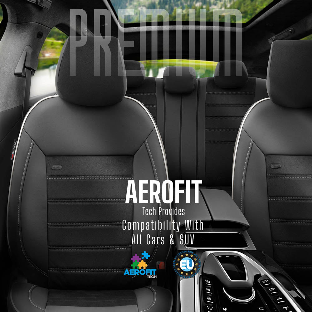 Autostoelhoezenset Premium kunstleer met suede zwart-wit (complete set)