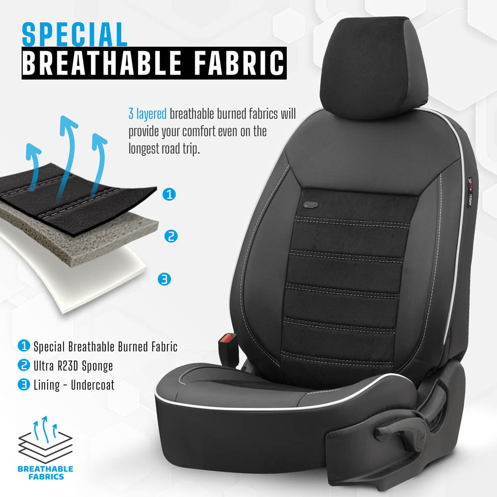 Autostoelhoezenset Premium kunstleer met suede zwart-wit (complete set)